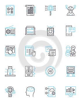 Meetings and sessions linear icons set. Conference, Session, Summit, Boardroom, Dialogue, Symposium, Assembly line