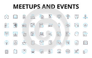 Meetups and events linear icons set. Nerking, Workshop, Conference, Gathering, Speaker, Exhibition, Seminar vector