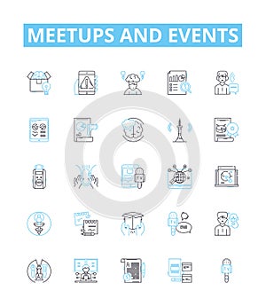 Meetups and events vector line icons set. Meetups, Events, Gatherings, Networking, Conventions, Seminars, Reunions photo