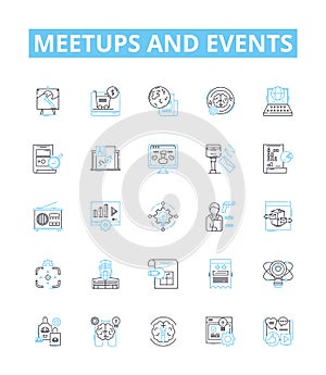 Meetups and events vector line icons set. Meetups, Events, Gatherings, Networking, Conventions, Seminars, Reunions photo