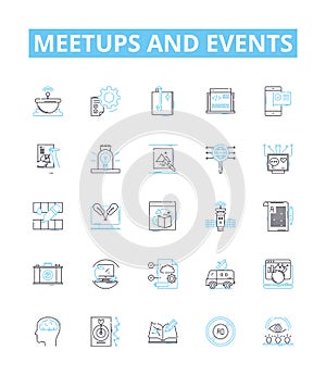 Meetups and events vector line icons set. Meetups, Events, Gatherings, Networking, Conventions, Seminars, Reunions photo