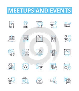 Meetups and events vector line icons set. Meetups, Events, Gatherings, Networking, Conventions, Seminars, Reunions photo