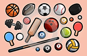 Mega collection of Modern professional Vector illustration. Set of sport equipment in simple design with outline. Collection of