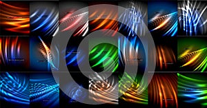 Mega collection of neon glowing lines, magic energy space light concept, abstract background wallpaper design