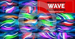 Mega collection of neon glowing wave abstract backgrounds. Magic energy and light motion templates