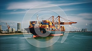 Mega Container Ship Docks and Discharges in Port. Generative AI