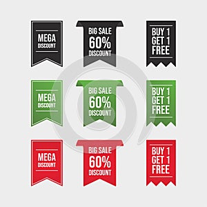Mega discount badge with green, black, and red color. Sale badge set. Green, black, and red sales badge. Up to 60 percent discount