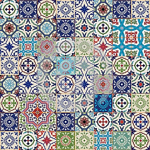 Mega Gorgeous seamless patchwork pattern from colorful Moroccan, Portuguese tiles, Azulejo, ornaments. photo