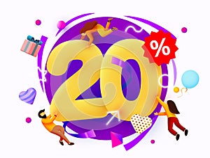 Mega sale. 20 percent discount. Special offer background with flying people. Promotion poster or banner.