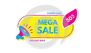 Mega sale. 50% off. Megaphone with bubble speech. Concept for promotion and advertising. Sticker for best stock sales. Vector