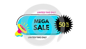 Mega sale. 50% off. Megaphone with bubble speech. Concept for promotion and advertising. Sticker for best stock sales. Vector