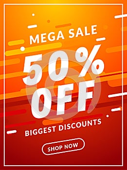 Mega Sale 50 percent off banner template design. Big sale special offer promotion discount for business
