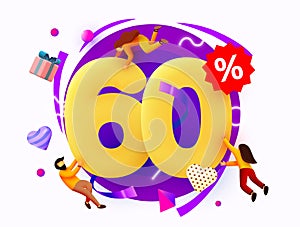 Mega sale. 60 percent discount. Special offer background with flying people. Promotion poster or banner.
