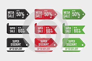 Mega sale badge with green, black, and red color. Big sale special offer, Super Sale badge. Super discount coupon vector. Sale