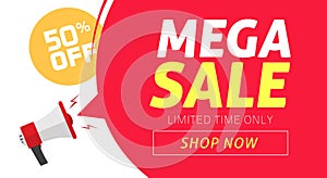 Mega sale banner design with off price discount offer tag and megaphone announce vector illustration, flat clearance