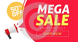 Mega sale banner design with off price discount offer tag and megaphone announce vector illustration, flat clearance photo