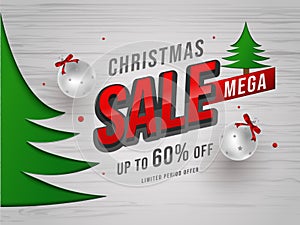 Mega Sale banner or poster design with 60% discount offer and baubles for Christmas.