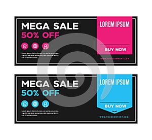 Mega sale coupon discount, banner promotion template vector, website header advertising voucher
