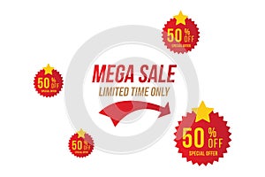 Mega Sale with 50 off and red sticker. Template of the emblem with special offer. Flat Vector EPS10