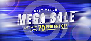 Mega sale 70 percent off promotion website banner heading design on graphic blue background vector for banner or poster. Sale and