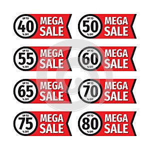 Mega sale promotion banner design. Advertising promo vector sticker set. 40, 50, 55, 60, 65, 70, 75, 80% percent badges. Busines