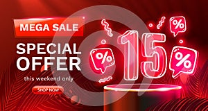 Mega sale special offer, Neon 15 off sale banner. Sign board promotion. Vector