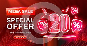 Mega sale special offer, Neon 20 off sale banner. Sign board promotion. Vector