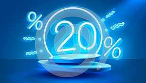 Mega sale special offer, Neon 20 off sale banner. Sign board promotion. Vector