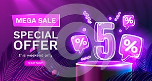 Mega sale special offer, Neon 5 off sale banner. Sign board promotion. Vector