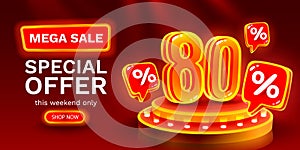 Mega sale special offer, Neon 80 off sale banner. Sign board promotion. Vector