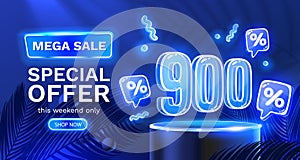 Mega sale special offer, Neon 900 off sale banner. Sign board promotion. Vector illustration