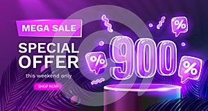 Mega sale special offer, Neon 900 off sale banner. Sign board promotion. Vector illustration