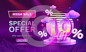 Mega sale special offer, Neon retro way 10 off sale banner. Sign board promotion. Vector illustration