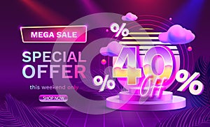 Mega sale special offer, Neon retro way 40 off sale banner. Sign board promotion. Vector illustration