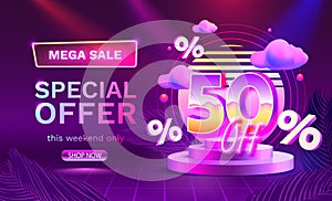 Mega sale special offer, Neon retro way 50 off sale banner. Sign board promotion. Vector illustration