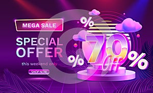 Mega sale special offer, Neon retro way 70 off sale banner. Sign board promotion. Vector illustration