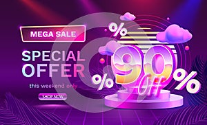 Mega sale special offer, Neon retro way 90 off sale banner. Sign board promotion. Vector illustration