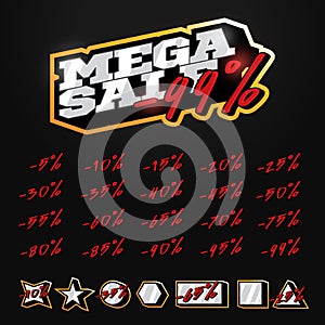 Mega Sale tag builder kit typography in sport retor style. Shop or online shopping. Sticker, badge coupon store Vector