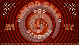 Mega sale up to 80% end of year special offer. vintage retro style. small to big circle from center. creative poster design.