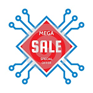 Mega sale - vector concept illustration. Abstract computer chip sign. Discount special offer creative layout. Graphic design.