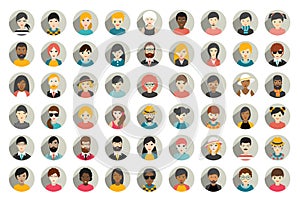 Mega set of circle persons, avatars, people heads different nationality in flat style.