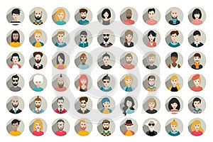 Mega set of circle persons, avatars, people heads  different nationality in flat style.