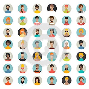 Mega set of circle persons, avatars, people heads different nationality in flat style. Vector photo