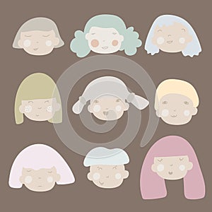 Mega set collections of cute kawaii girls faces. Isolated on brown background. Vector illustration. Can use for birthday card,