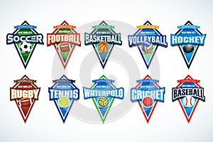 Mega set of colorful sports logos soccer, football, basketball, volleyball, hockey, rugby, tennis, waterpolo, cricket, baseball.