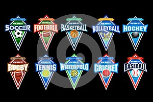 Mega set of colorful sports logos soccer, football, basketball, volleyball, hockey, rugby, tennis, waterpolo, cricket, baseball.