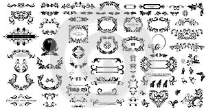 Mega set of decorative vintage floral black frames, title and headers for wedding and heraldic design, fashion labels, ceremony, m