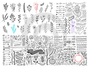 Mega set of hand drawing page dividers borders and arrow, doodle floral design element