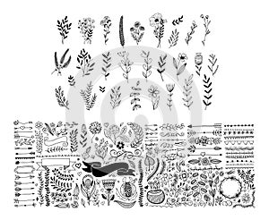 Mega set of hand drawing page dividers borders and arrow, doodle floral design elements