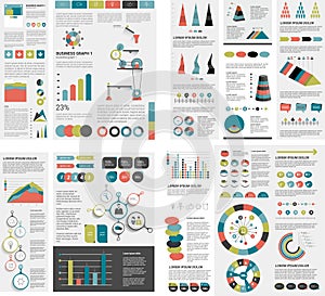 Mega set of infographics elements charts, graphs, circle charts, diagrams, speech bubbles. Flat and 3D design.